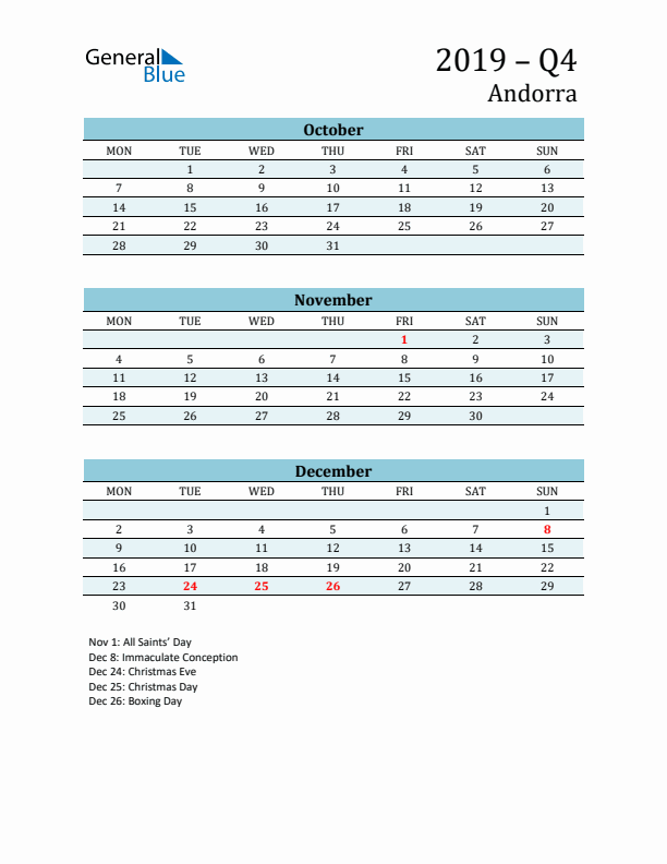 Three-Month Planner for Q4 2019 with Holidays - Andorra