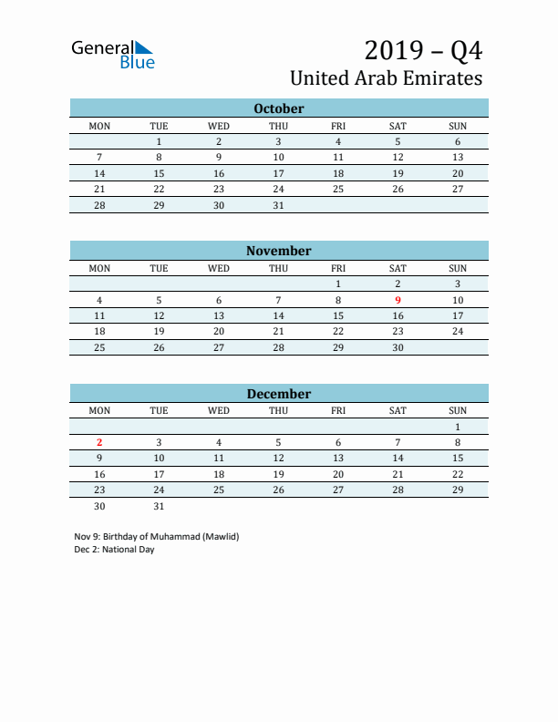 Three-Month Planner for Q4 2019 with Holidays - United Arab Emirates