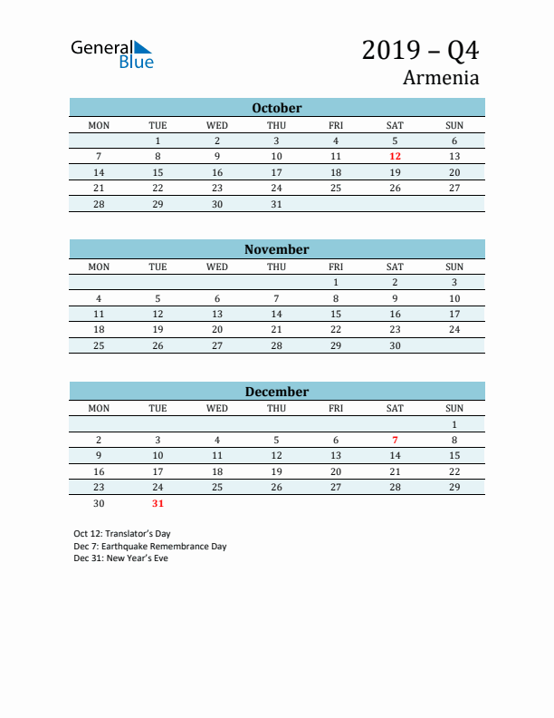 Three-Month Planner for Q4 2019 with Holidays - Armenia