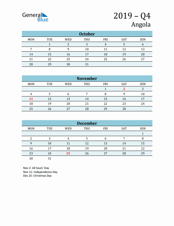 Three-Month Planner for Q4 2019 with Holidays - Angola