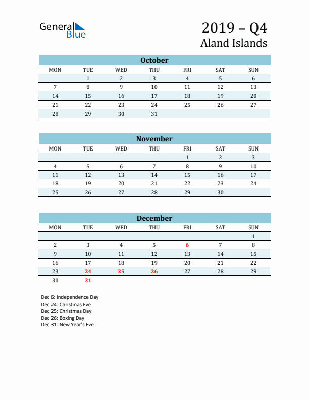 Three-Month Planner for Q4 2019 with Holidays - Aland Islands
