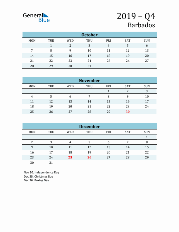 Three-Month Planner for Q4 2019 with Holidays - Barbados