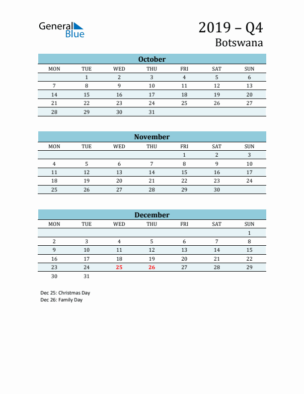 Three-Month Planner for Q4 2019 with Holidays - Botswana