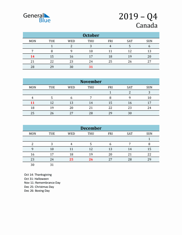 Three-Month Planner for Q4 2019 with Holidays - Canada