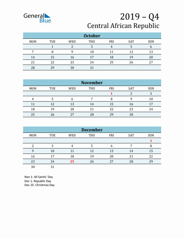 Three-Month Planner for Q4 2019 with Holidays - Central African Republic