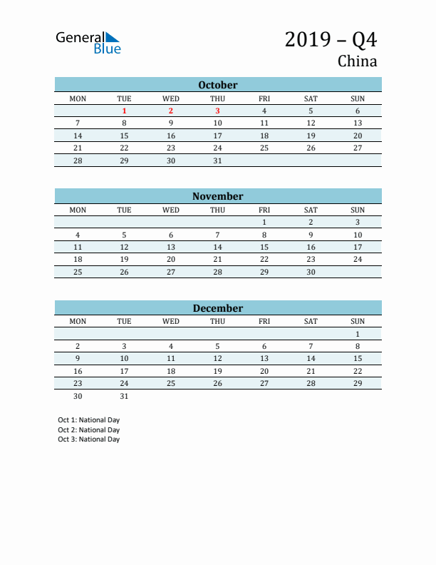 Three-Month Planner for Q4 2019 with Holidays - China
