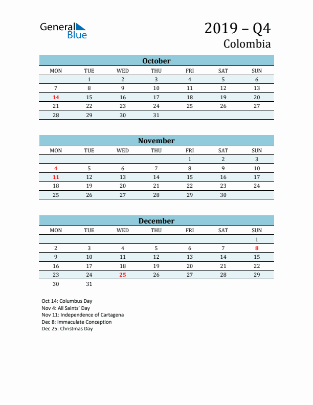 Three-Month Planner for Q4 2019 with Holidays - Colombia