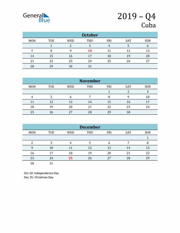 Three-Month Planner for Q4 2019 with Holidays - Cuba