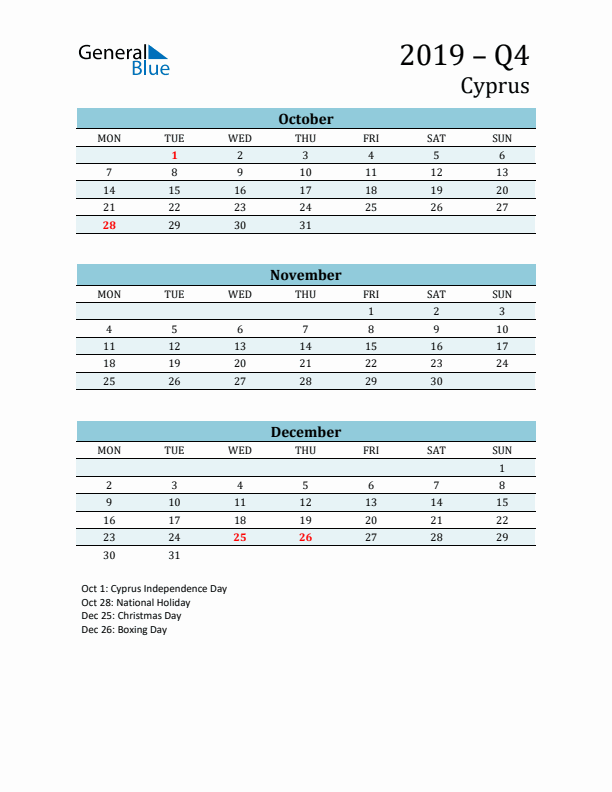 Three-Month Planner for Q4 2019 with Holidays - Cyprus