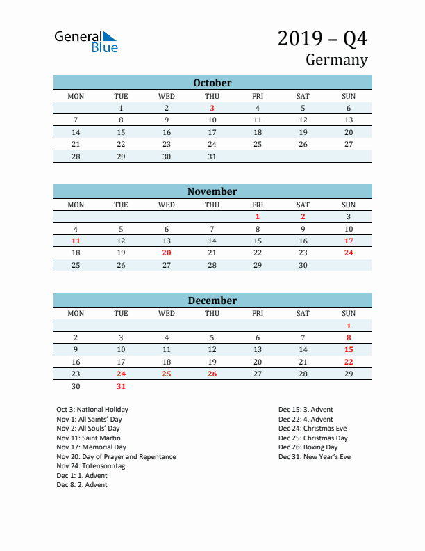Three-Month Planner for Q4 2019 with Holidays - Germany