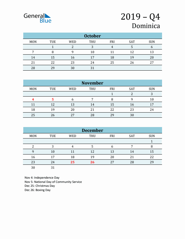 Three-Month Planner for Q4 2019 with Holidays - Dominica