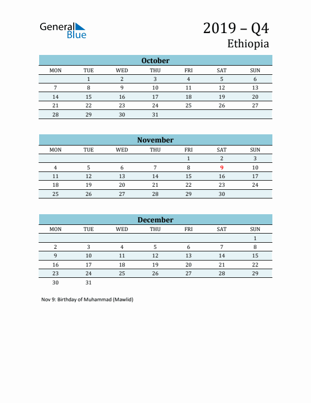 Three-Month Planner for Q4 2019 with Holidays - Ethiopia