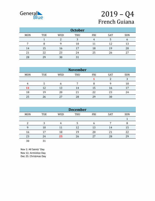 Three-Month Planner for Q4 2019 with Holidays - French Guiana