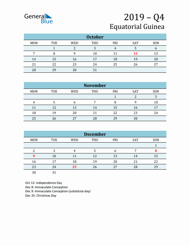 Three-Month Planner for Q4 2019 with Holidays - Equatorial Guinea