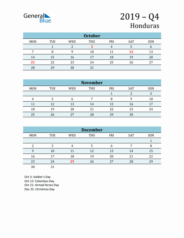 Three-Month Planner for Q4 2019 with Holidays - Honduras