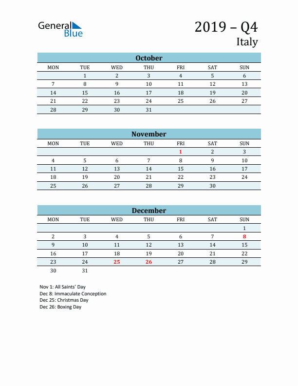 Three-Month Planner for Q4 2019 with Holidays - Italy