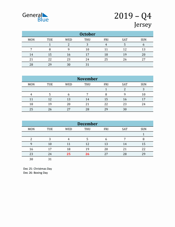 Three-Month Planner for Q4 2019 with Holidays - Jersey