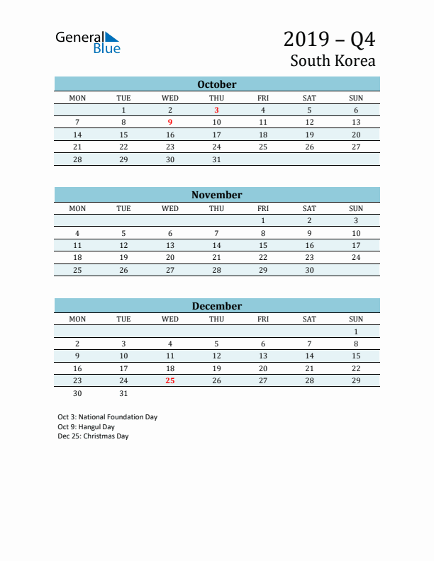 Three-Month Planner for Q4 2019 with Holidays - South Korea