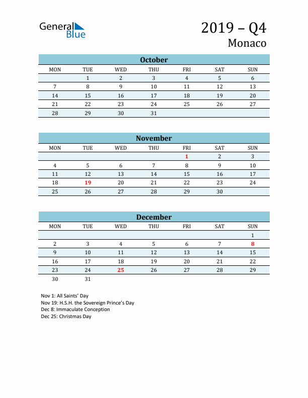 Three-Month Planner for Q4 2019 with Holidays - Monaco