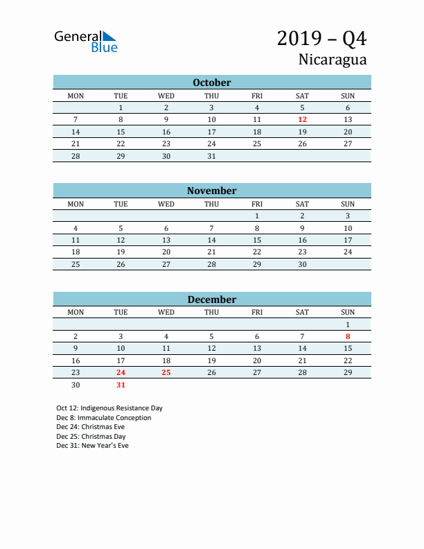 Three-Month Planner for Q4 2019 with Holidays - Nicaragua