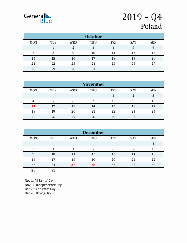 Three-Month Planner for Q4 2019 with Holidays - Poland