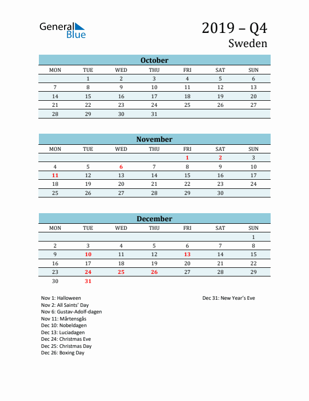 Three-Month Planner for Q4 2019 with Holidays - Sweden