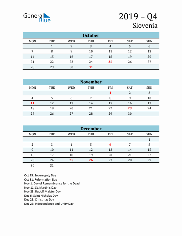 Three-Month Planner for Q4 2019 with Holidays - Slovenia