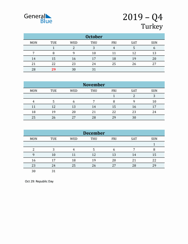 Three-Month Planner for Q4 2019 with Holidays - Turkey