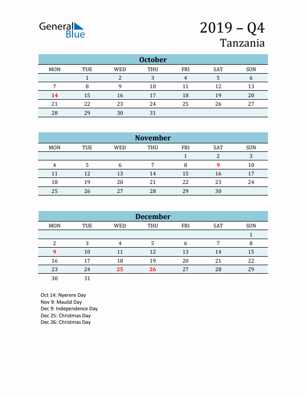 Three-Month Planner for Q4 2019 with Holidays - Tanzania