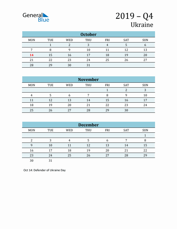 Three-Month Planner for Q4 2019 with Holidays - Ukraine