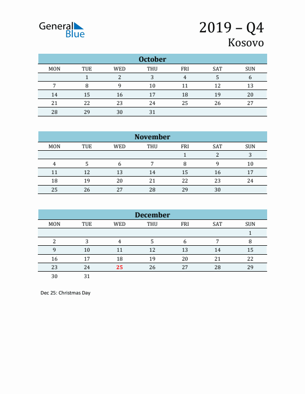 Three-Month Planner for Q4 2019 with Holidays - Kosovo