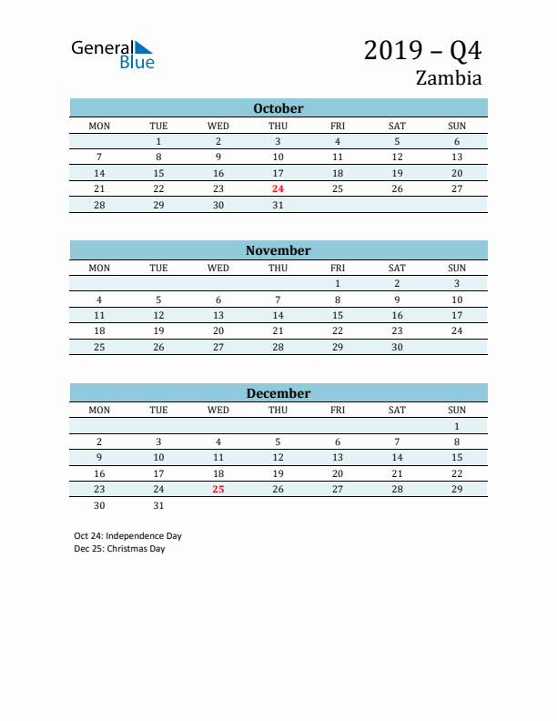 Three-Month Planner for Q4 2019 with Holidays - Zambia