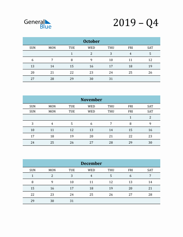 October, November, and December 2019 Calendar