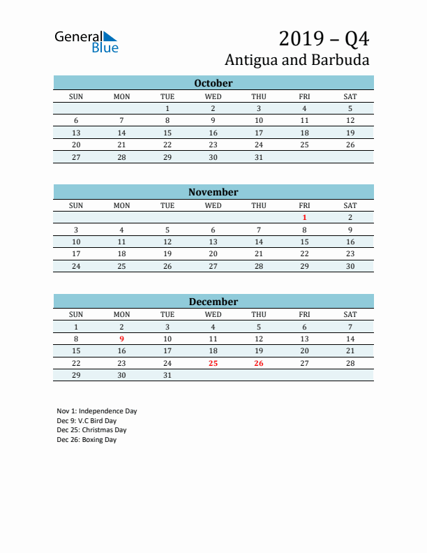 Three-Month Planner for Q4 2019 with Holidays - Antigua and Barbuda
