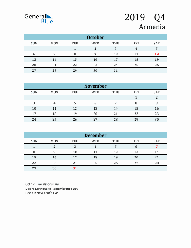 Three-Month Planner for Q4 2019 with Holidays - Armenia