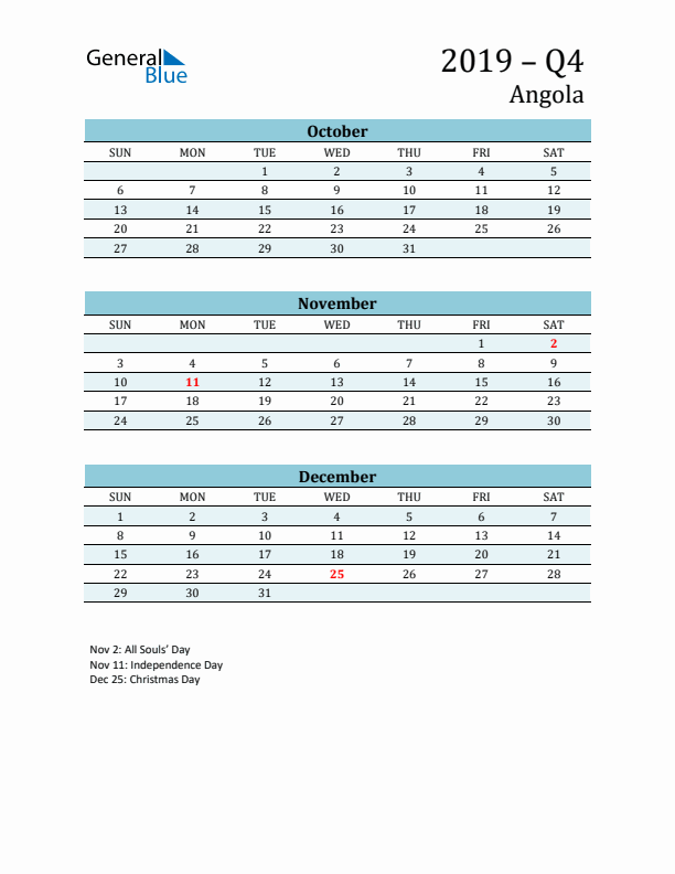 Three-Month Planner for Q4 2019 with Holidays - Angola