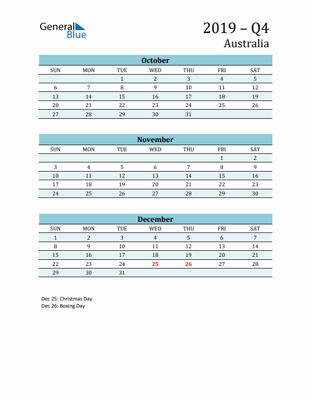 Three-Month Planner for Q4 2019 with Holidays - Australia