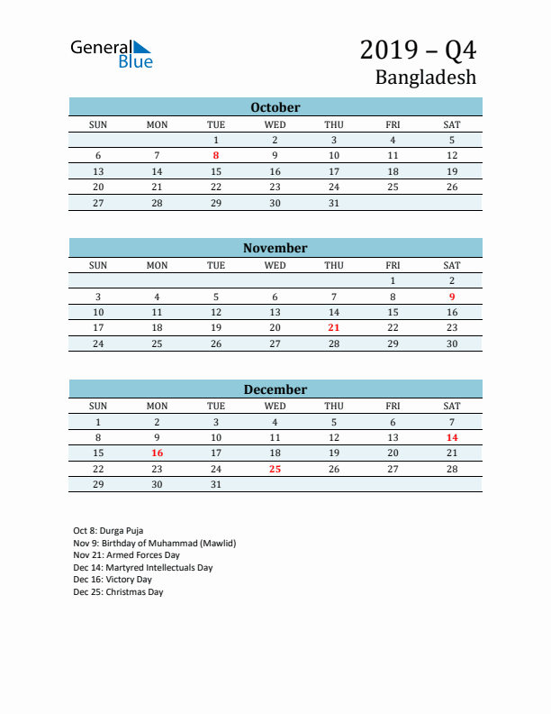 Three-Month Planner for Q4 2019 with Holidays - Bangladesh