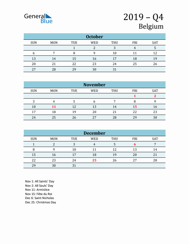 Three-Month Planner for Q4 2019 with Holidays - Belgium