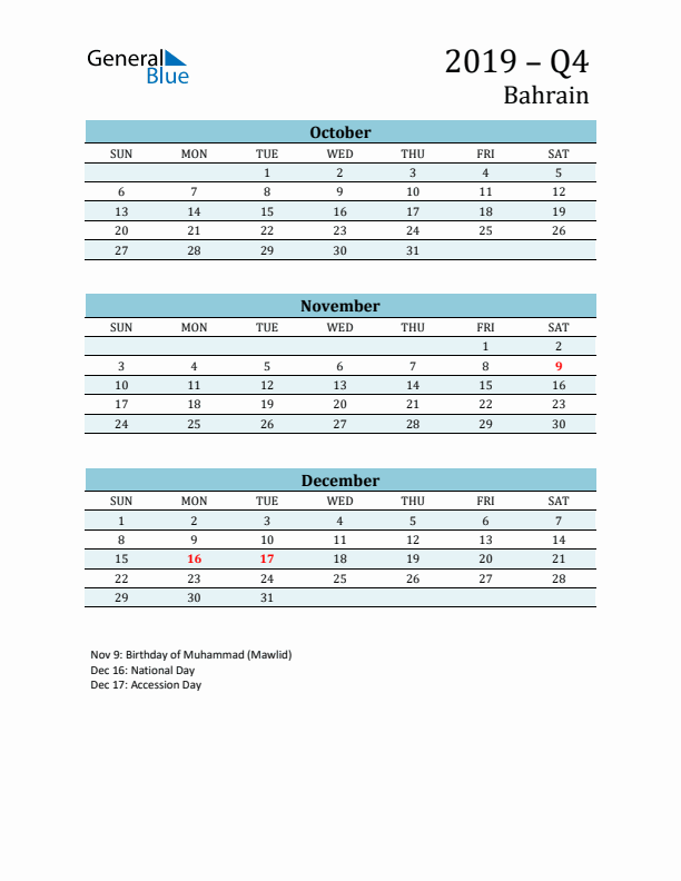 Three-Month Planner for Q4 2019 with Holidays - Bahrain