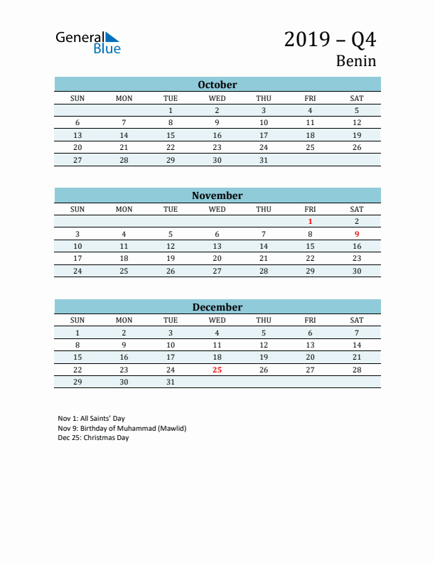 Three-Month Planner for Q4 2019 with Holidays - Benin