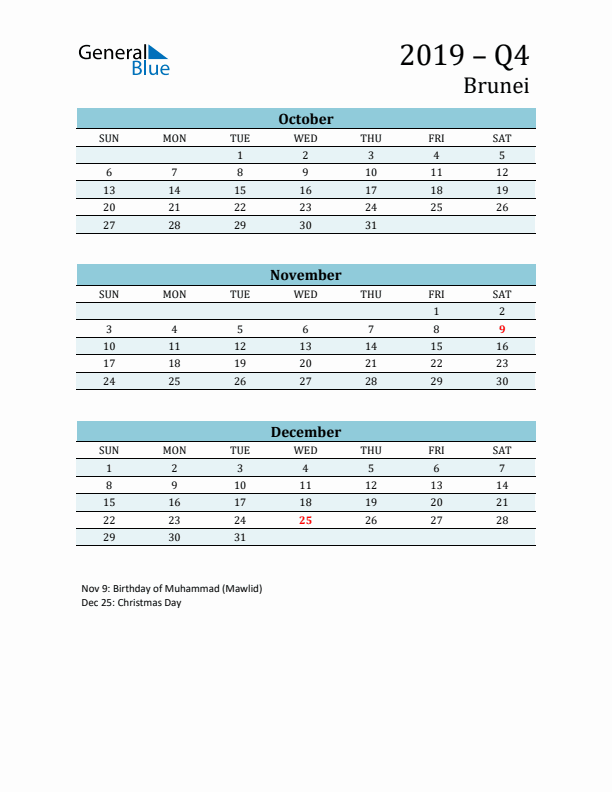 Three-Month Planner for Q4 2019 with Holidays - Brunei