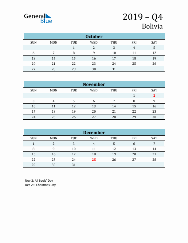 Three-Month Planner for Q4 2019 with Holidays - Bolivia
