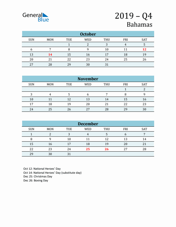 Three-Month Planner for Q4 2019 with Holidays - Bahamas