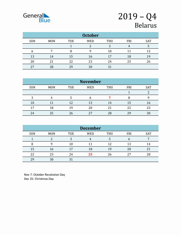 Three-Month Planner for Q4 2019 with Holidays - Belarus