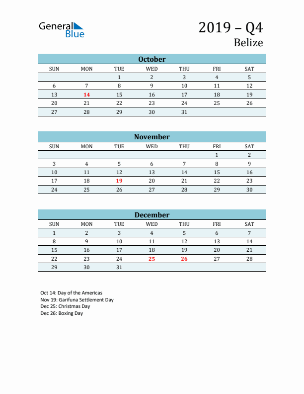 Three-Month Planner for Q4 2019 with Holidays - Belize