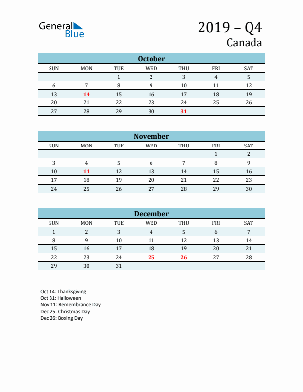 Three-Month Planner for Q4 2019 with Holidays - Canada
