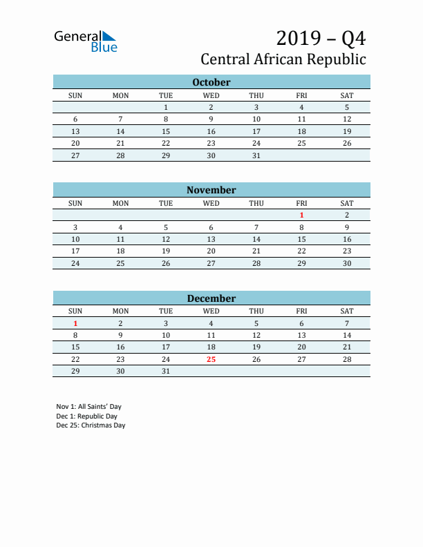 Three-Month Planner for Q4 2019 with Holidays - Central African Republic