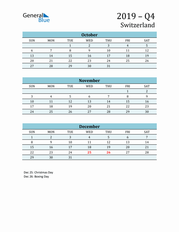 Three-Month Planner for Q4 2019 with Holidays - Switzerland
