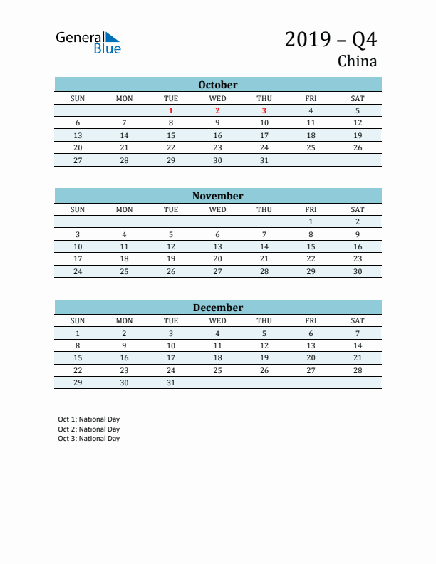Three-Month Planner for Q4 2019 with Holidays - China